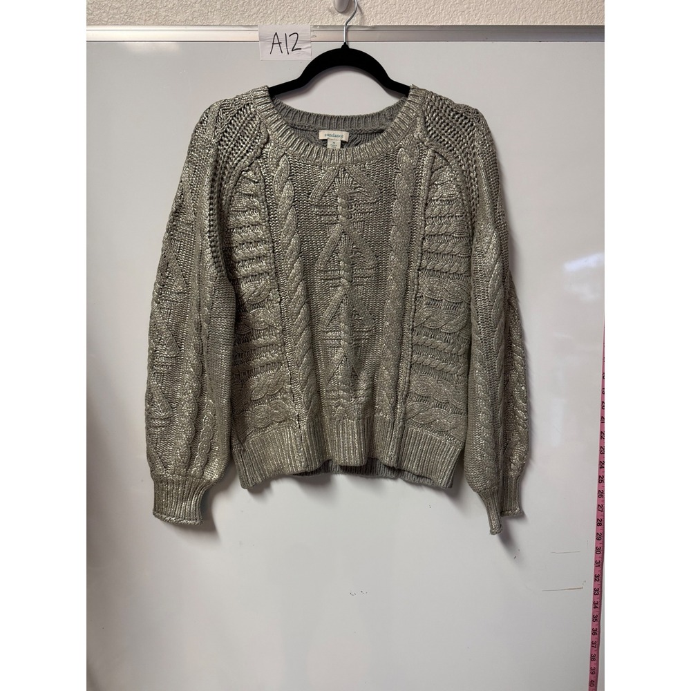 Sundance Womens Metallic Silver Cable Knit Sweater Crew Neck Pullover Size M
